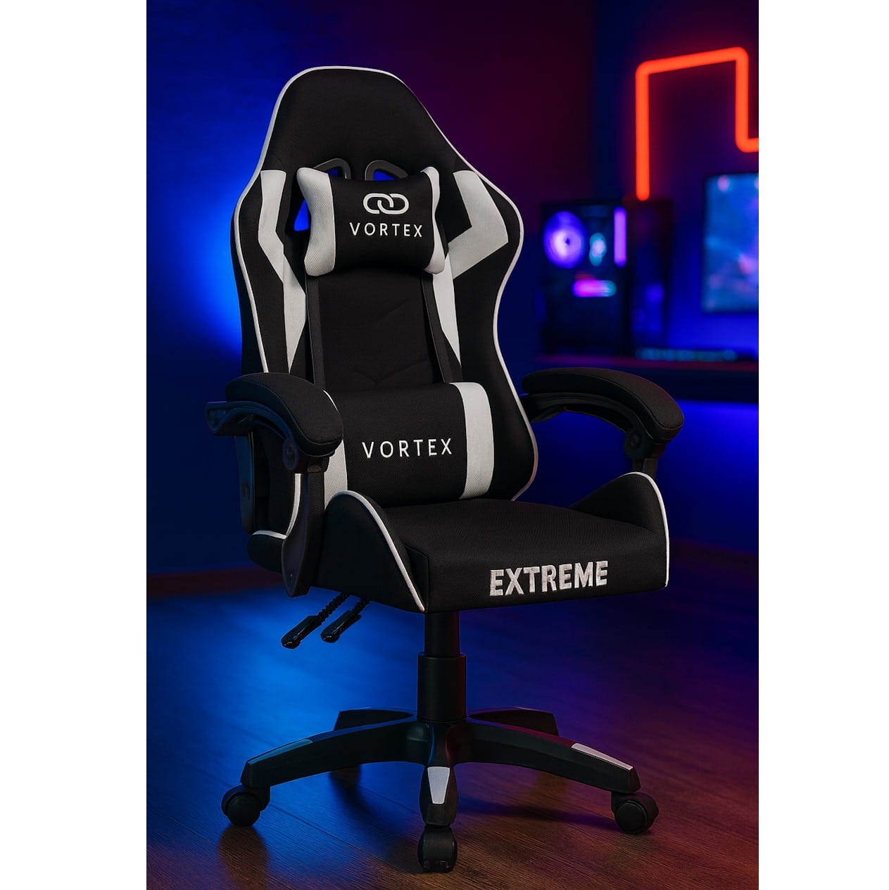 Fotel gamingowy EXTREME Vortex Black/White – tkanina, regulacja, poduszki