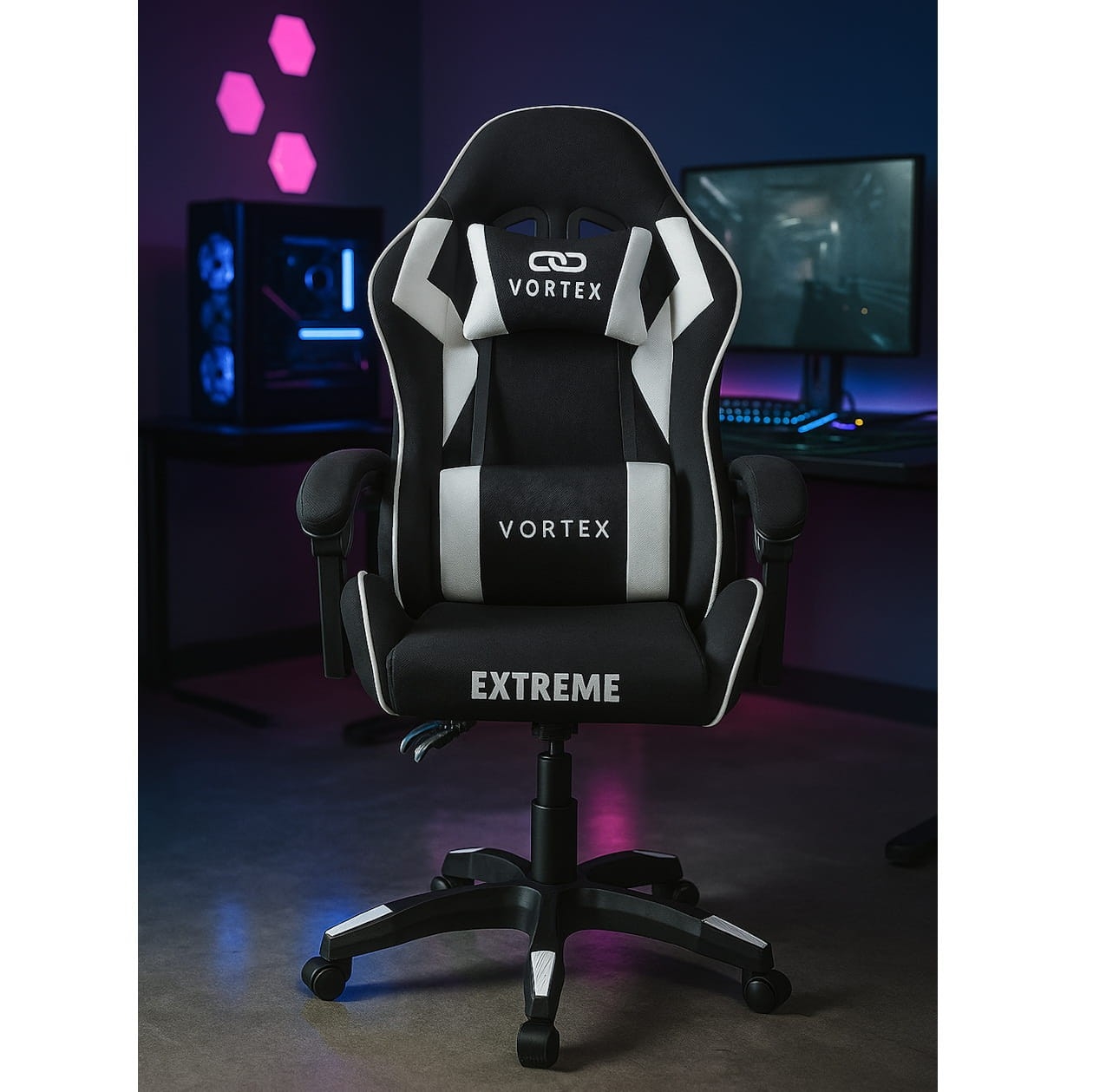 Fotel gamingowy EXTREME Vortex Black/White – tkanina, regulacja, poduszki