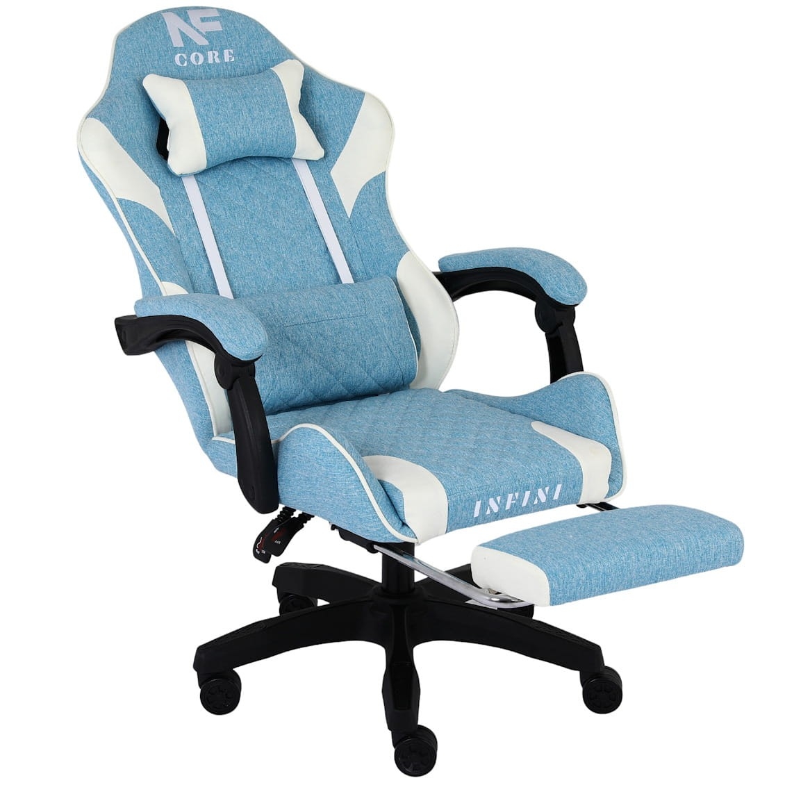 Fotel gamingowy INFINI Core – tkanina, podnóżek, ergonomia, poduszki
