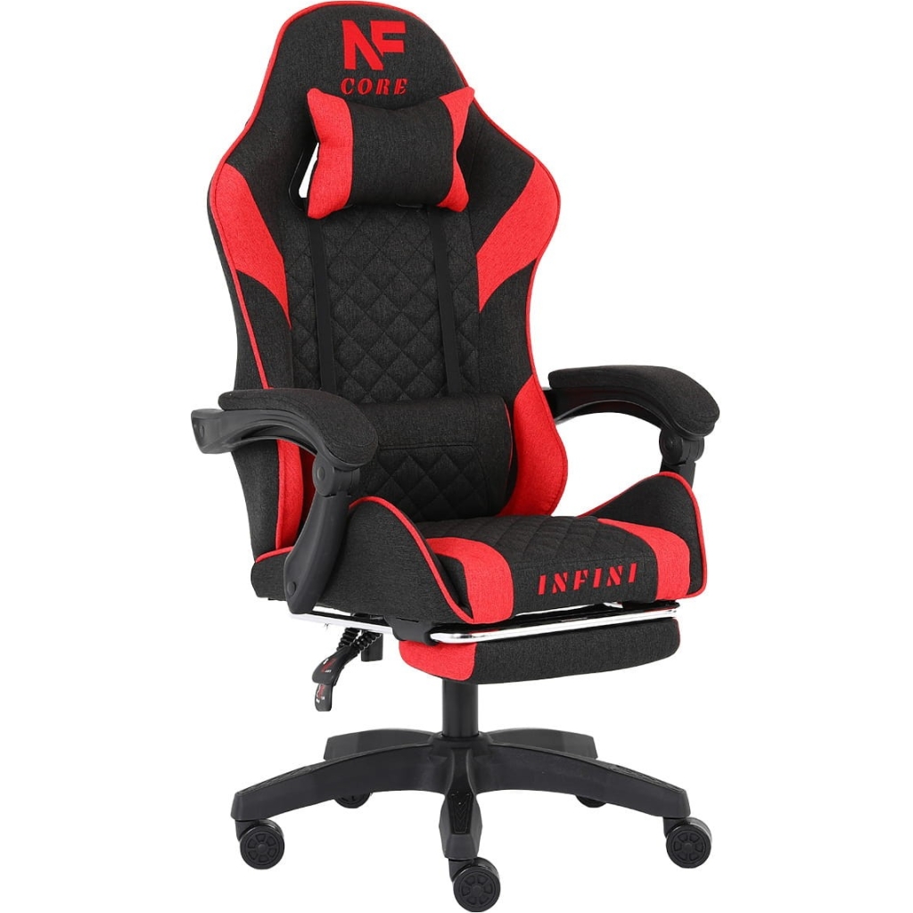 Fotel gamingowy INFINI Core Red – tkanina, podnóżek, ergonomia, poduszki