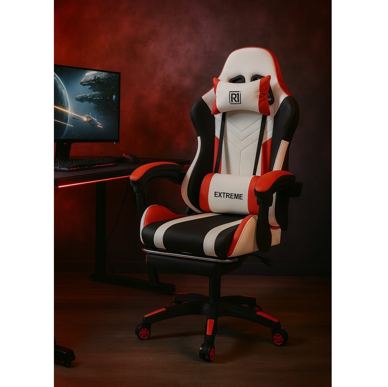 Fotel Gamingowy EXTREME R1 Red Podnóżek, Poduszki, Eco Skóra Premium