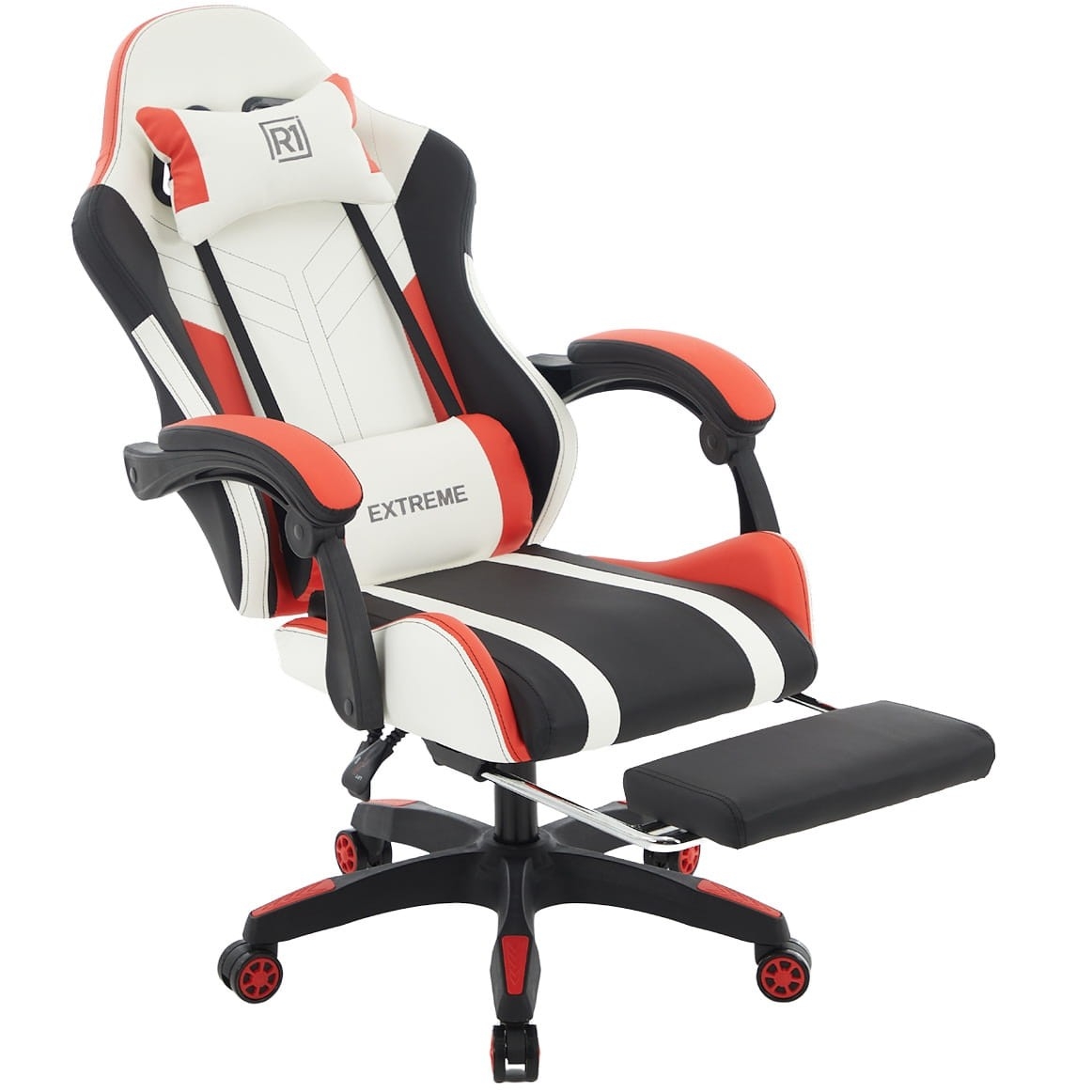 Fotel Gamingowy EXTREME R1 Red Podnóżek, Poduszki, Eco Skóra Premium