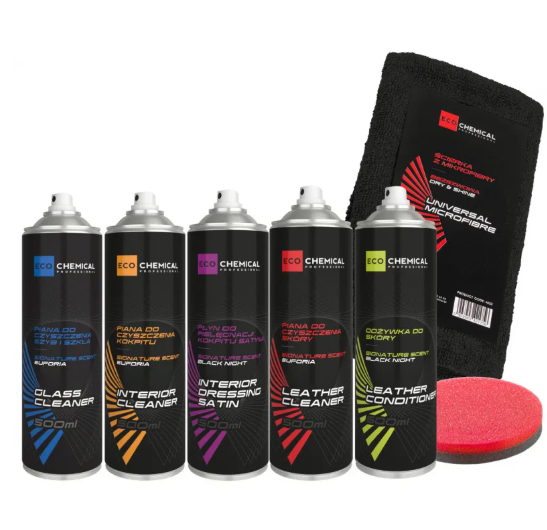 ZESTAW KOSMETYKÓW DO CZYSZCZENIA I PIELĘGNACJI SKÓR, SZYB I KOKPITU Z MIKROFIBRĄ I APLIKATOREM 5 x 500 ml ZESTAW KOSMETYKÓW SAMOCHODOWYCH W AEROZOLACH + MIKROFIBRA I APLIKATOR Poprzedni