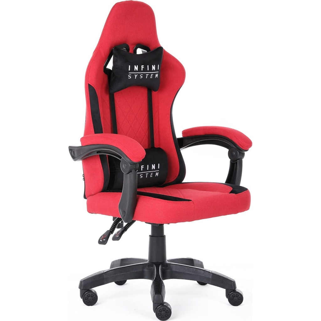 Fotel Gamingowy INFINI SYSTEM Red, Dwie poduszki premium, Wysuwany podnóżek,  Miękkie podłokietniki