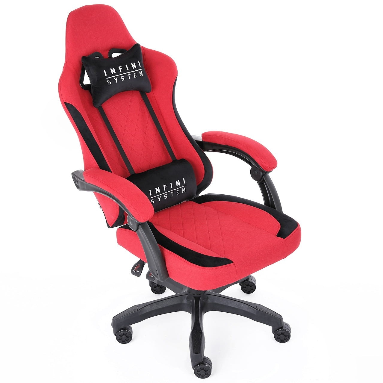 Fotel Gamingowy INFINI SYSTEM Red, Dwie poduszki premium, Wysuwany podnóżek,  Miękkie podłokietniki