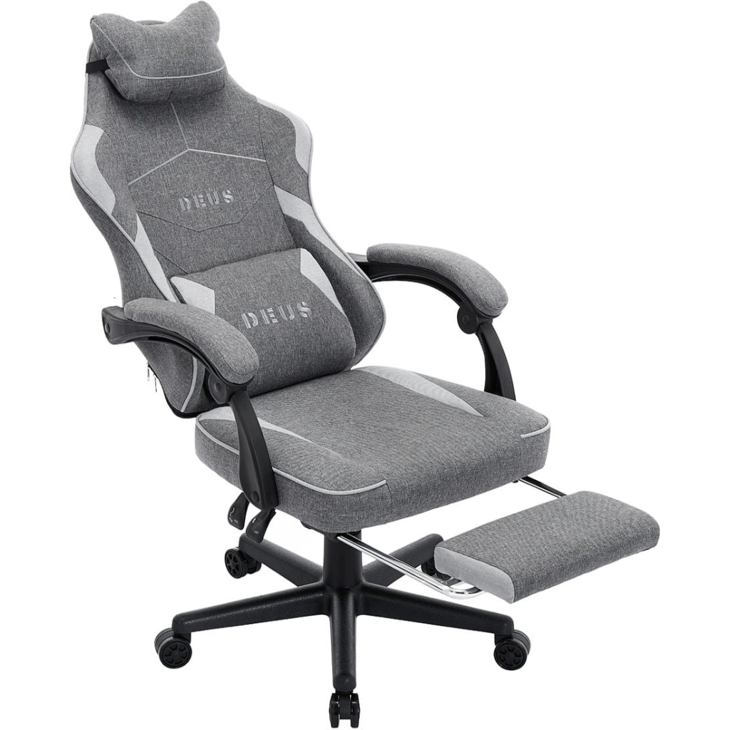 Fotel Gamingowy DEUS EDGE Gray - Szary Tkanina + Podnóżek Ergonomiczny
