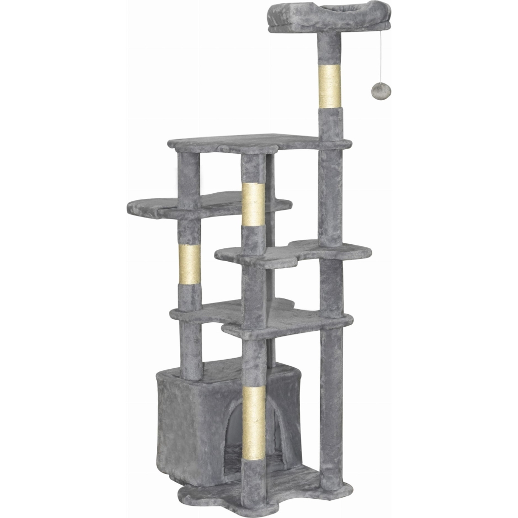 Duży drapak dla kota 145 cm – 6 poziomów, legowisko, budka, stabilny – szary