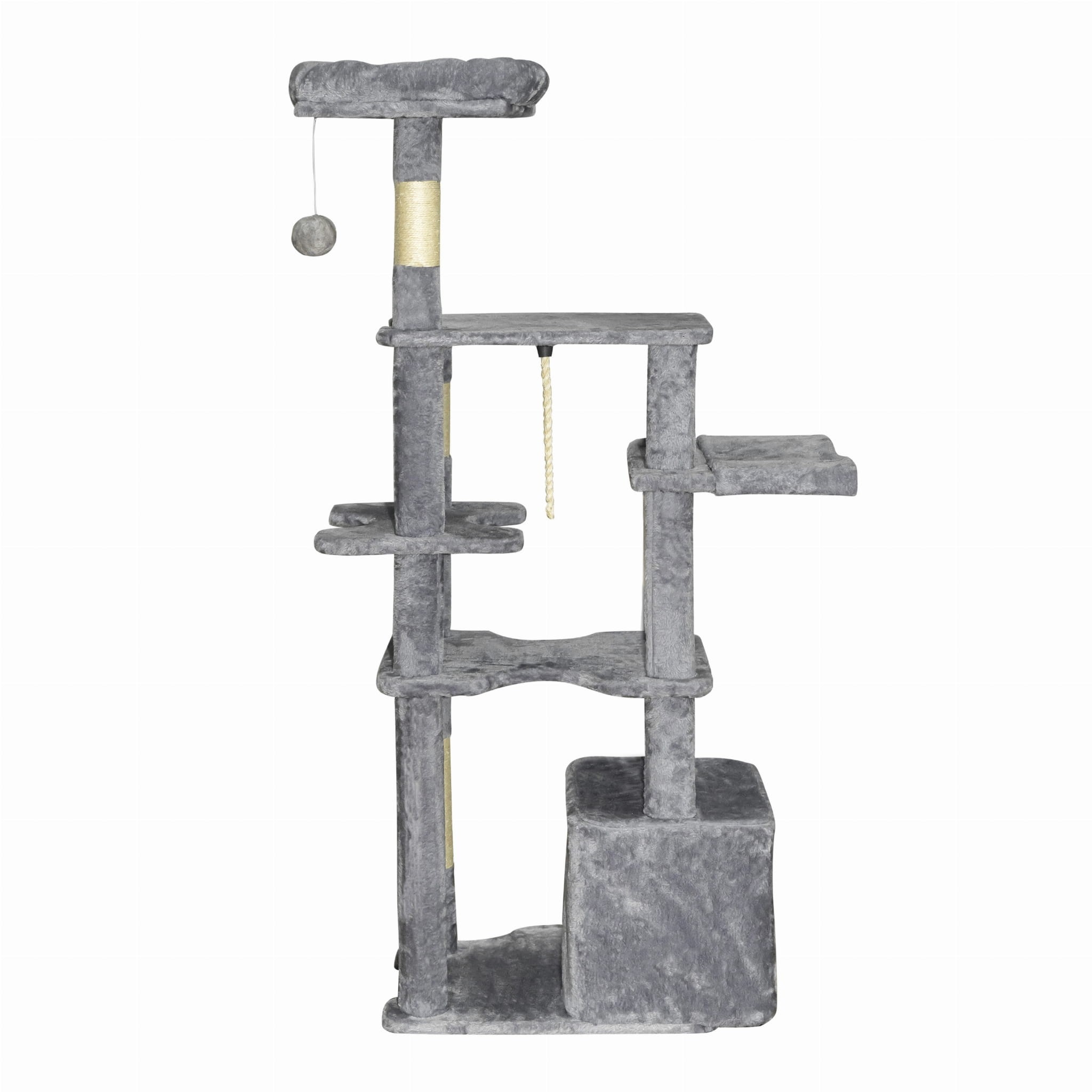 Duży drapak dla kota 145 cm – 6 poziomów, legowisko, budka, stabilny – szary