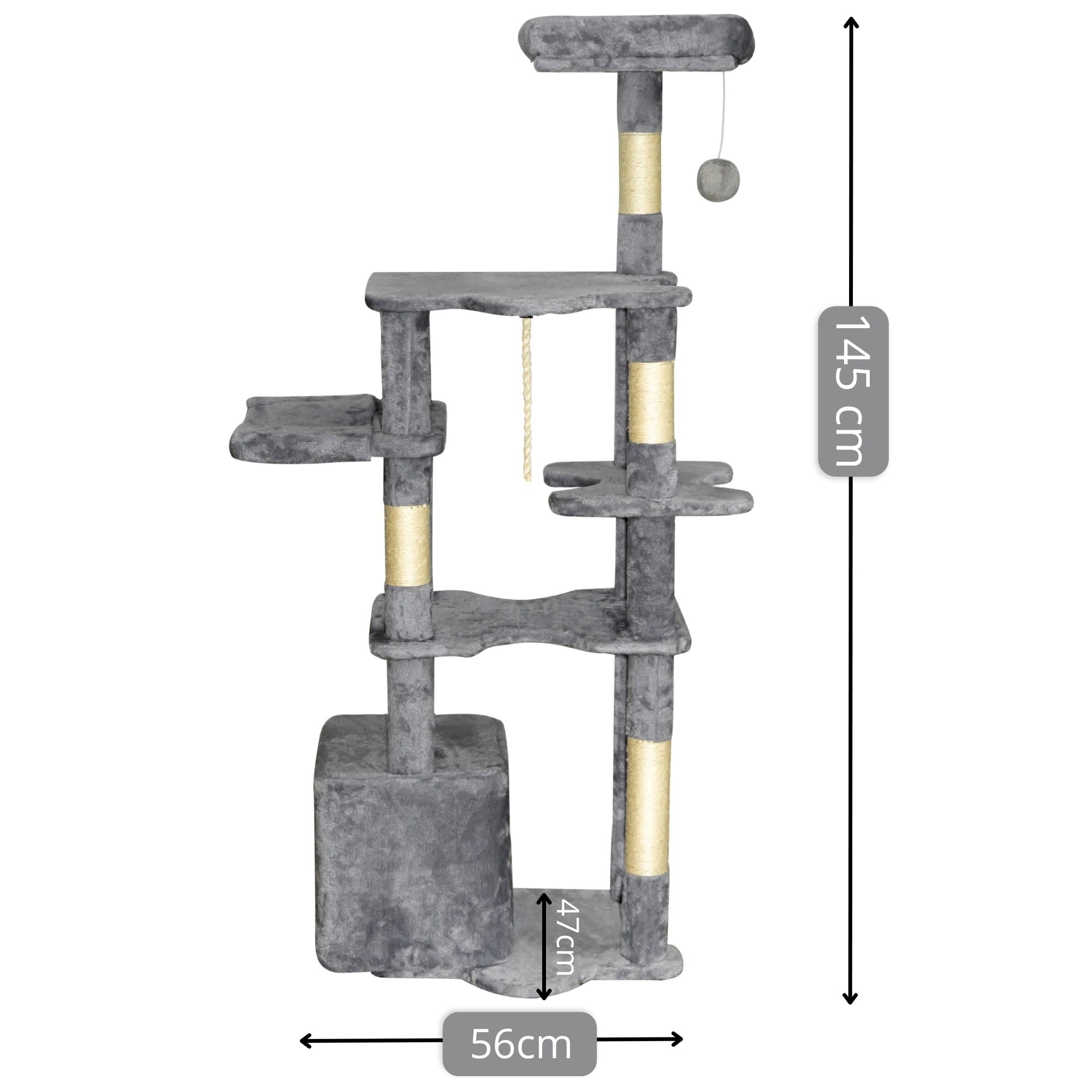 Duży drapak dla kota 145 cm – 6 poziomów, legowisko, budka, stabilny – szary