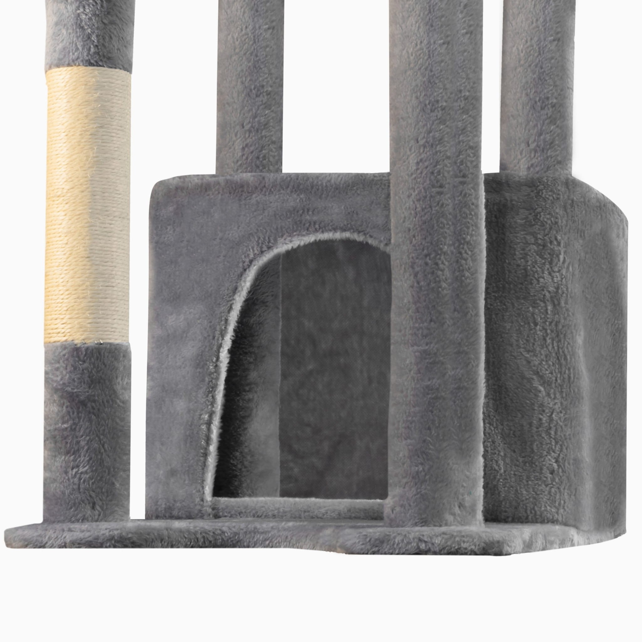 Duży drapak dla kota 145 cm – 6 poziomów, legowisko, budka, stabilny – szary