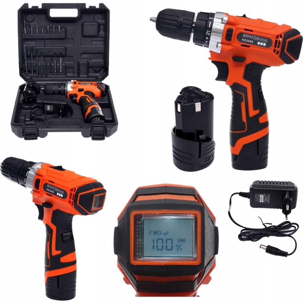 Wkrętarka wiertarka akumulatorowa Kraft&Dele KD3068 12V Li-ion LCD 2baterie