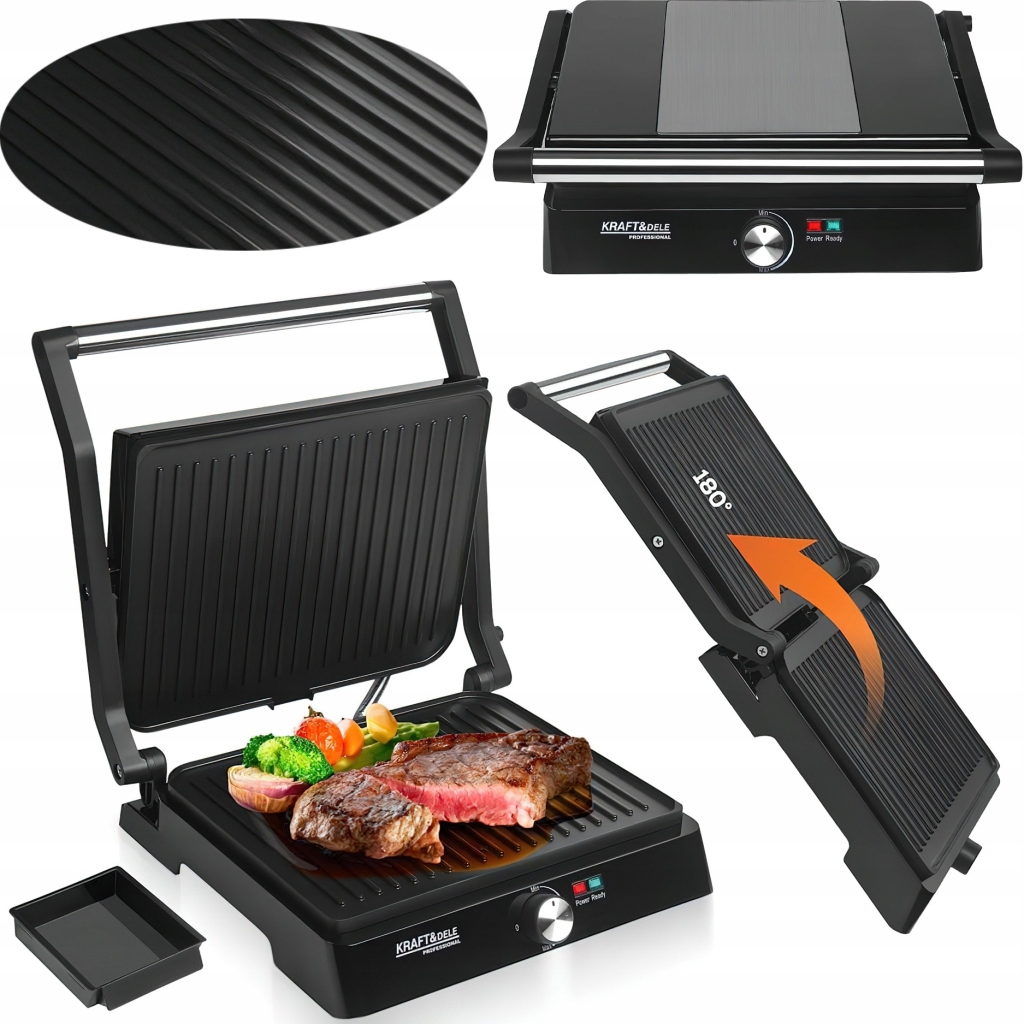 Grill Elektryczny 2w1 Teflon 2400W Regulacja Temperatury Tost Kraft&Dele