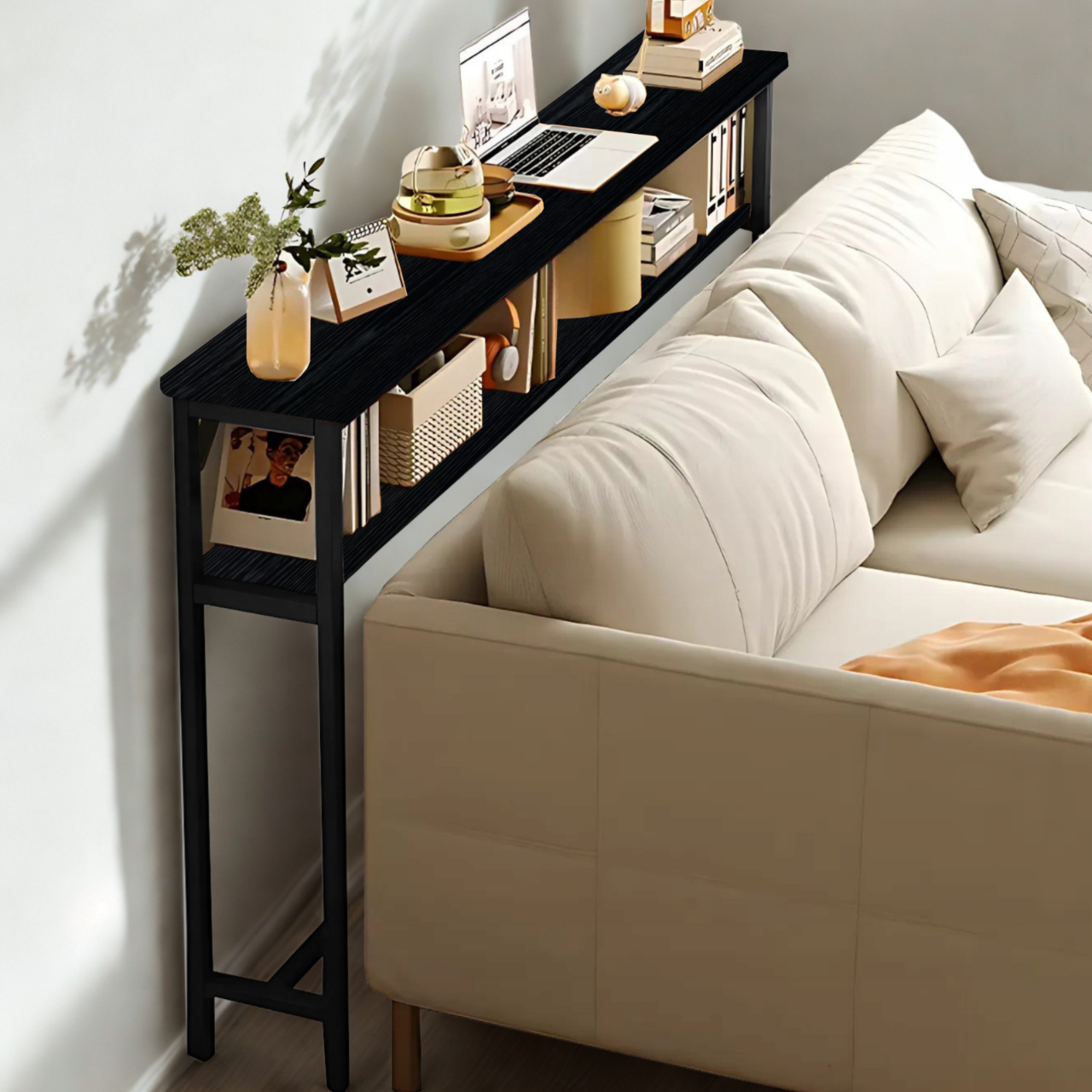 KONSOLA TOALETKA Z PÓŁKĄ ZA KANAPĘ LOFT 80 x 20 x 100,2 CM CZARNA [KONSOLA5]