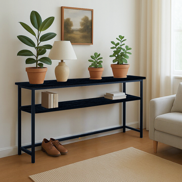 KONSOLA TOALETKA Z PÓŁKĄ ZA KANAPĘ LOFT 80 x 20 x 100,2 CM CZARNA [KONSOLA5]