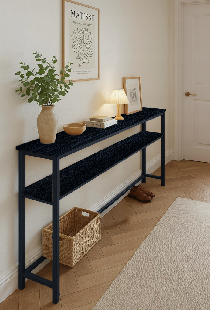 KONSOLA TOALETKA Z PÓŁKĄ ZA KANAPĘ LOFT 100 x 20 x 100,2 CM CZARNA [KONSOLA6]