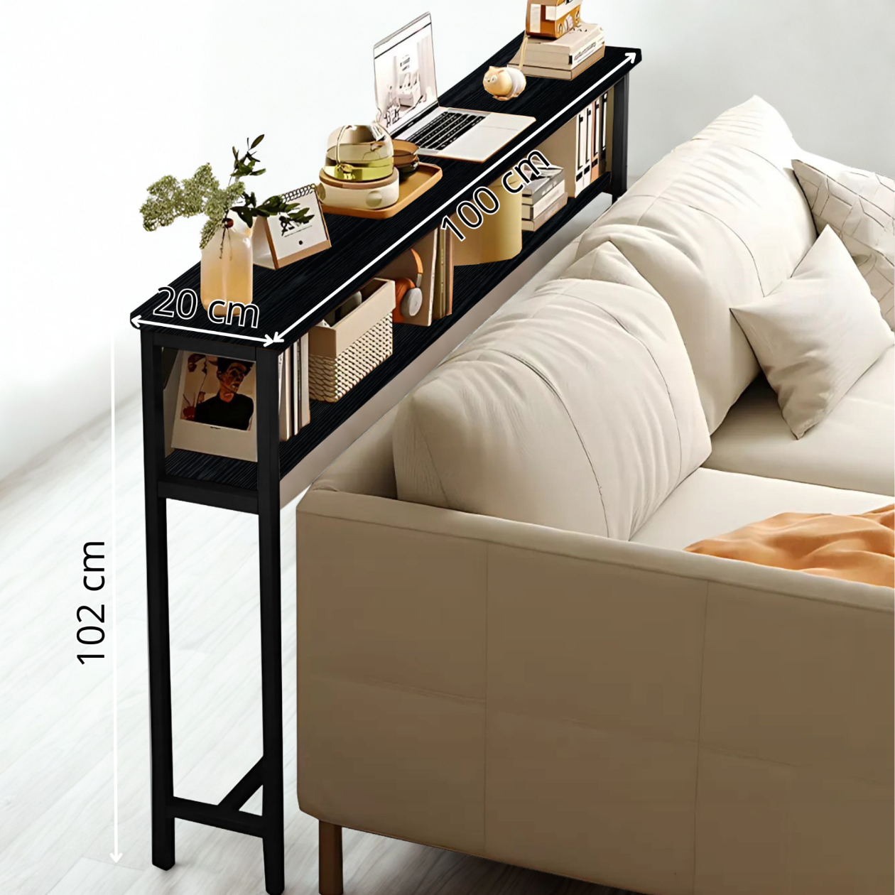 KONSOLA TOALETKA Z PÓŁKĄ ZA KANAPĘ LOFT 100 x 20 x 100,2 CM CZARNA [KONSOLA6]