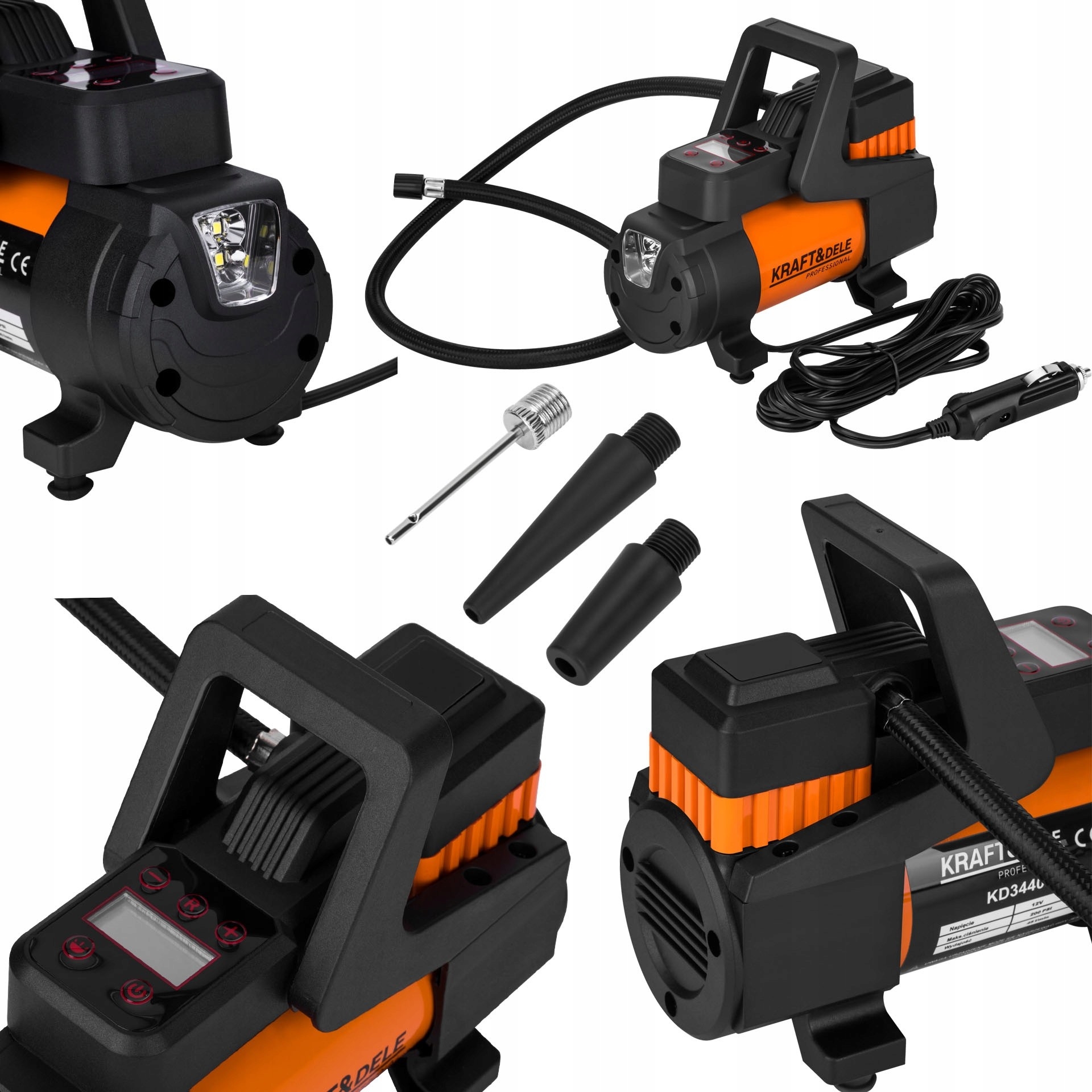 Kompresor Samochodowy LCD 12V 168W 14A 200 PSI 45L/min Kraft&Dele