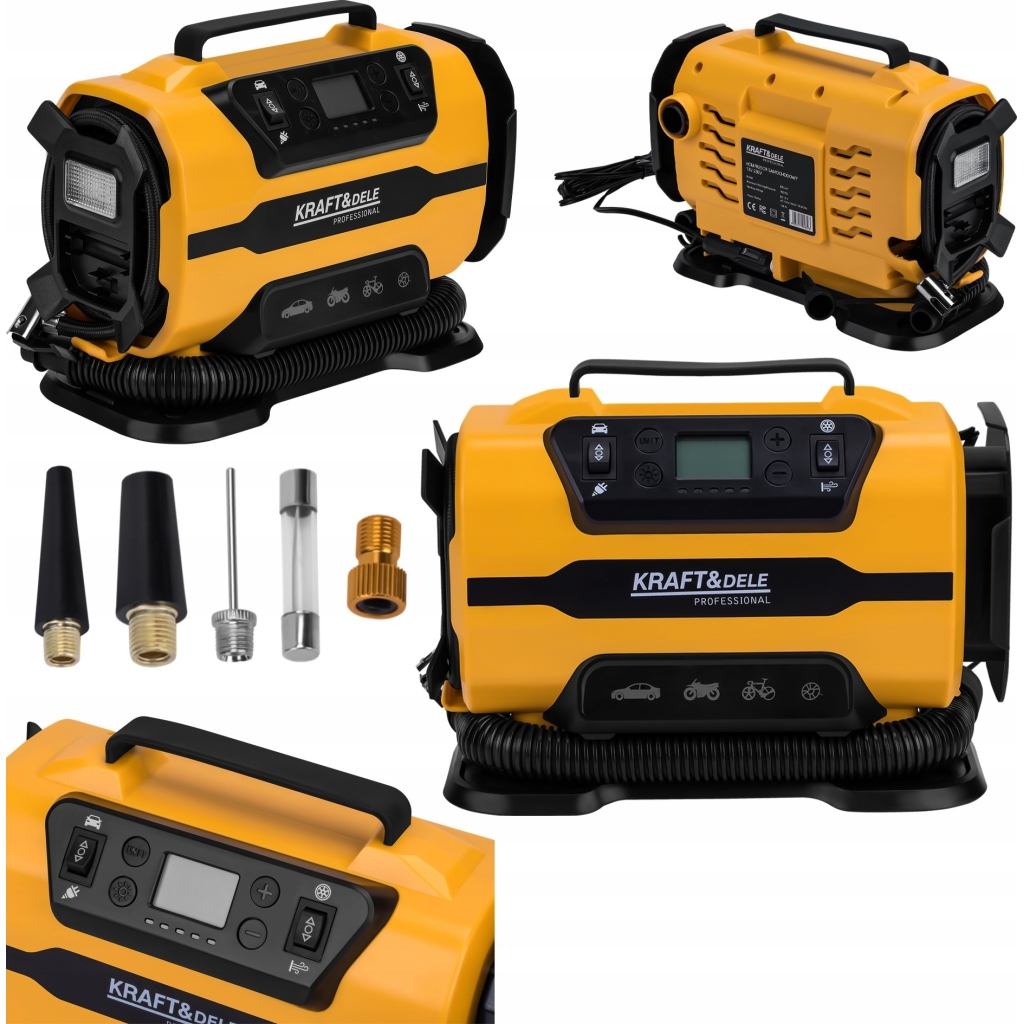 Kompresor Samochodowy Sieciowy LCD 12V 230V 140W 150 PSI 35l/min Kraft&Dele