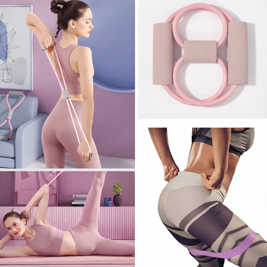 ZESTAW PILATES FITNESS JOGA 10w1 OBRĘCZ KOŁO DO PILATESU TAŚMY OPOROWE RÓŻOWY [FITNESS3]