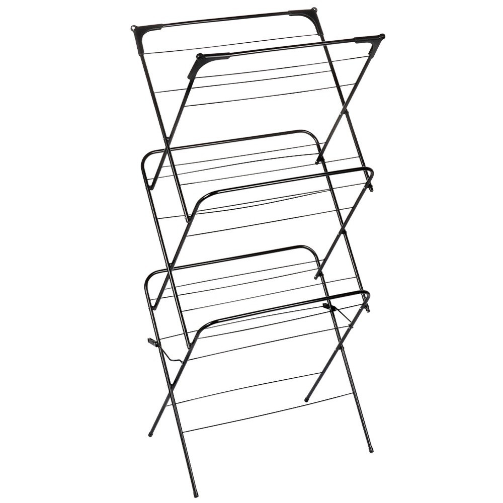 Pionowa suszarka na pranie 3-poziomowa Vilde, metalowa czarna 62x46,5x137,5 cm, 26 prętów, pojemność 12,5 m suszenia, składana, stabilna konstrukcja do wnętrz i na balkon