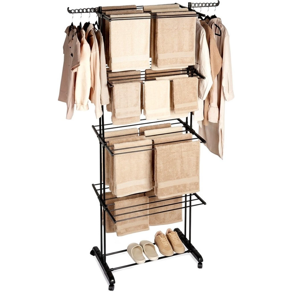 Pionowa suszarka na pranie metalowa XXL 4 poziomy 32 pręty czarna na kółkach 74,5×64×225 cm