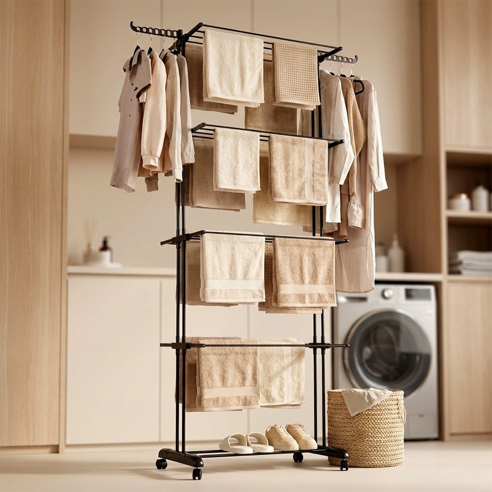 Pionowa suszarka na pranie metalowa XXL 4 poziomy 32 pręty czarna na kółkach 74,5×64×225 cm