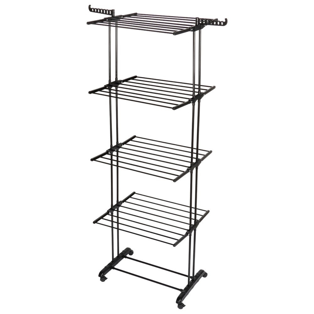 Pionowa suszarka na pranie metalowa XXL 4 poziomy 32 pręty czarna na kółkach 74,5×64×225 cm