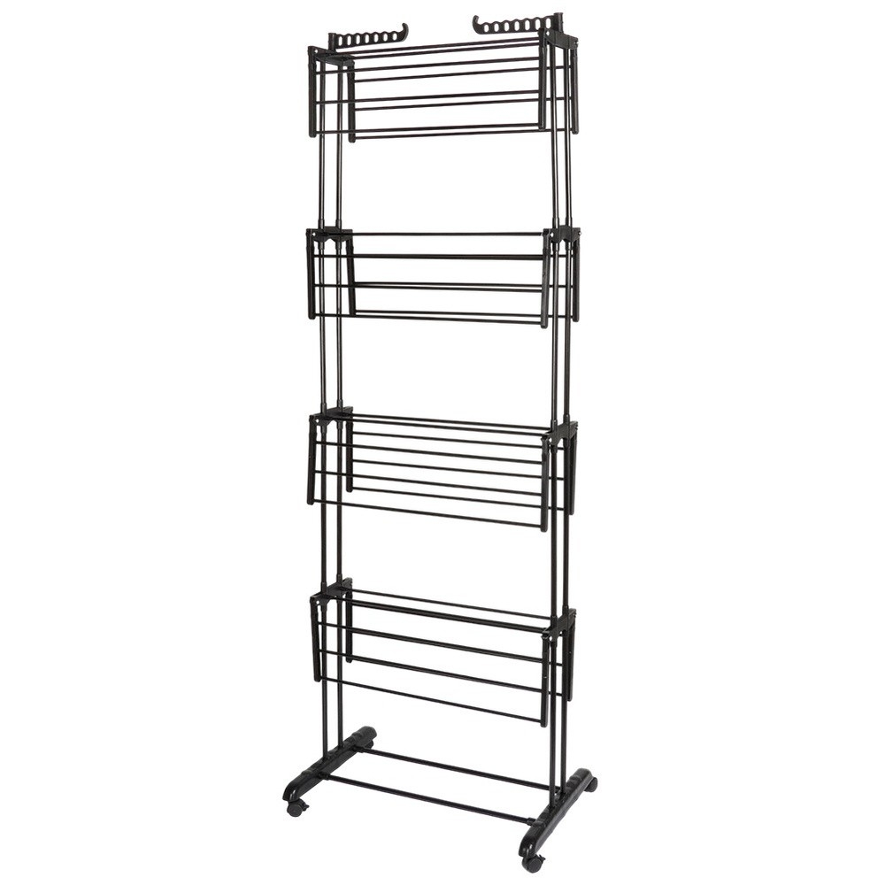 Pionowa suszarka na pranie metalowa XXL 4 poziomy 32 pręty czarna na kółkach 74,5×64×225 cm