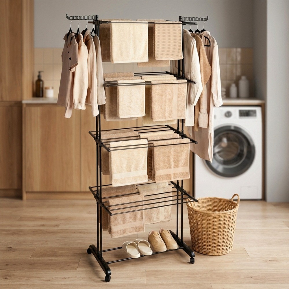 Pionowa suszarka na pranie metalowa XXL 4 poziomy 32 pręty czarna na kółkach 74,5×64×225 cm