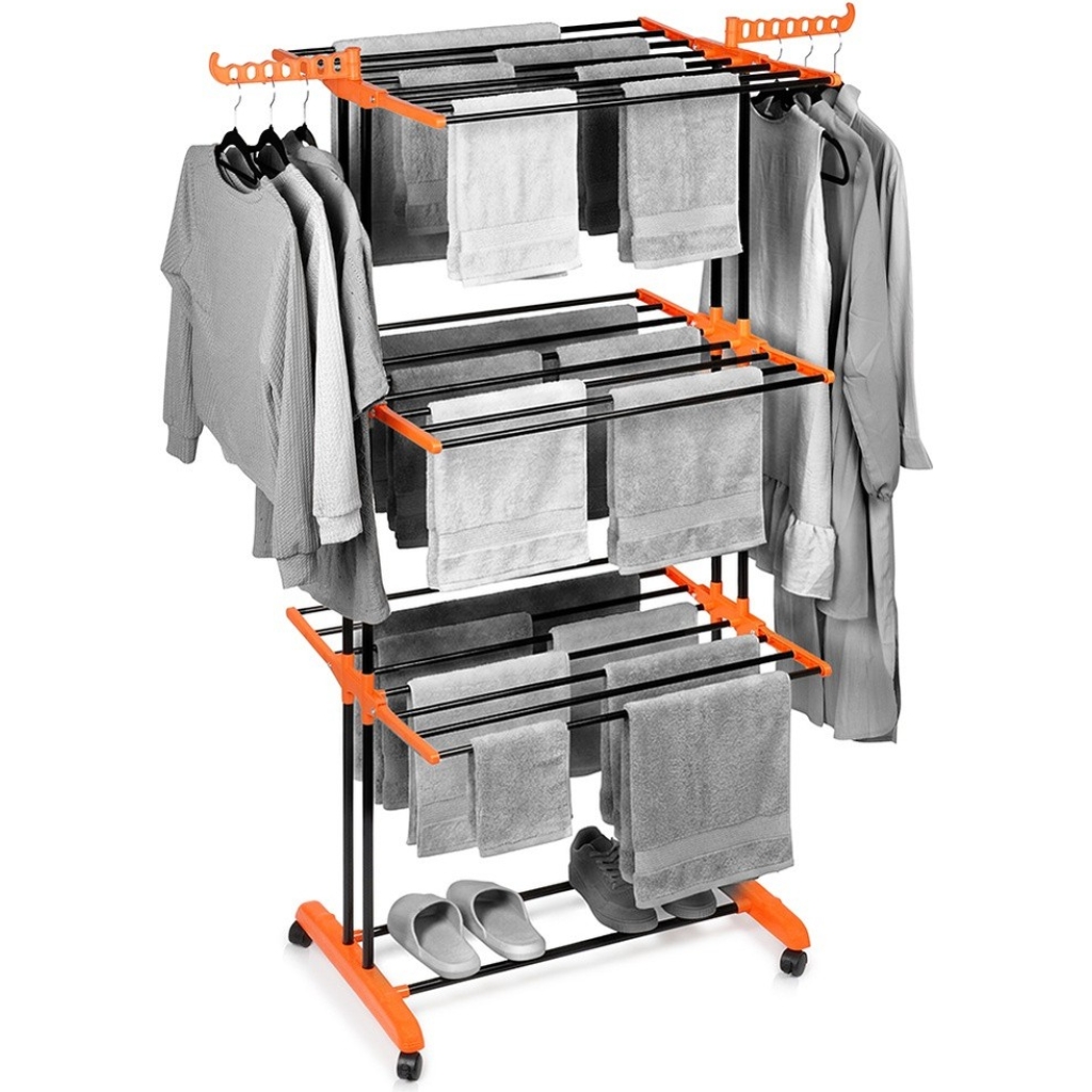 Pionowa suszarka na pranie Vilde XXL 3-poziomowa 24 pręty czarna na kółkach 73×170 cm, składane skrzydła, półka na buty, udźwig 24 kg