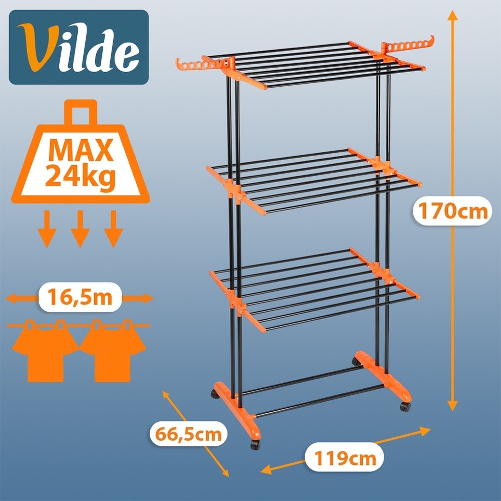 Pionowa suszarka na pranie Vilde XXL 3-poziomowa 24 pręty czarna na kółkach 73×170 cm, składane skrzydła, półka na buty, udźwig 24 kg