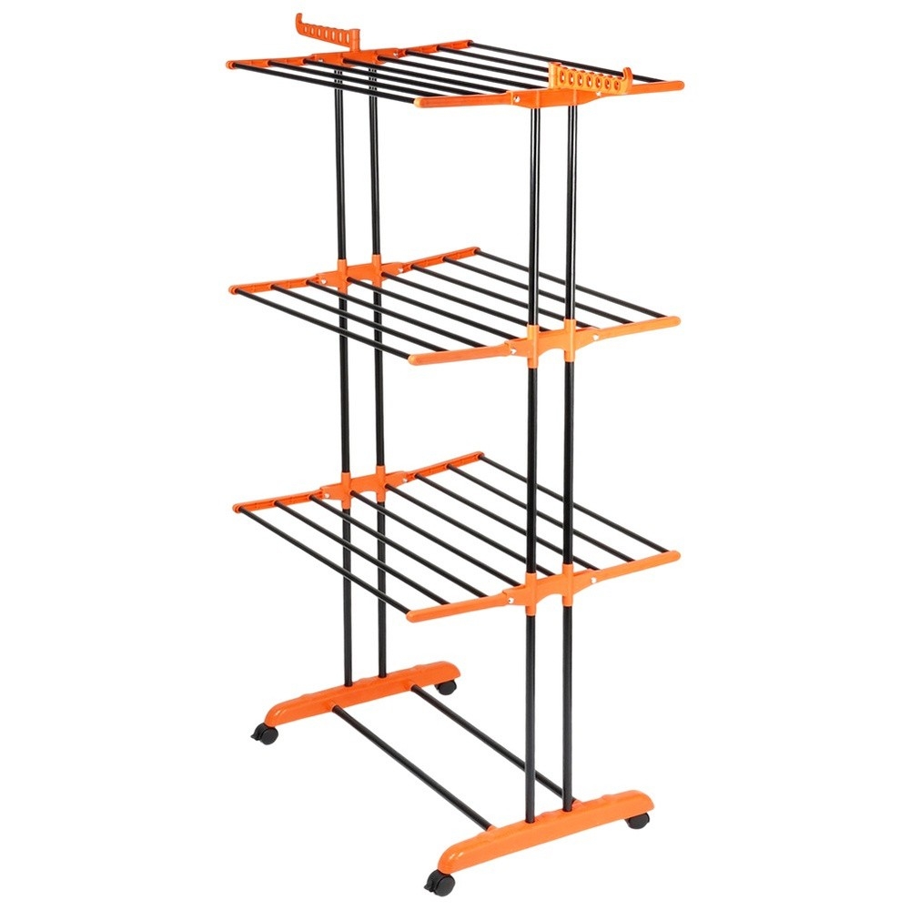 Pionowa suszarka na pranie Vilde XXL 3-poziomowa 24 pręty czarna na kółkach 73×170 cm, składane skrzydła, półka na buty, udźwig 24 kg