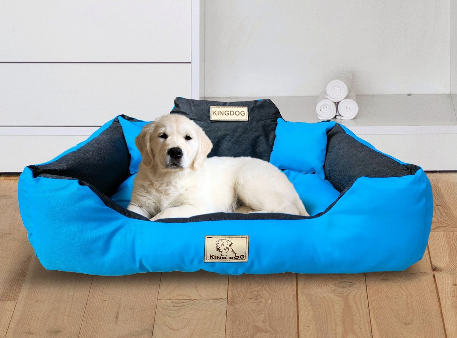Legowisko dla psa kojec KINGDOG 75x65 cm personalizowane wodoodporne niebieskie