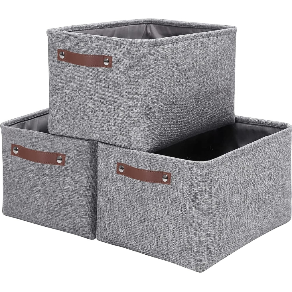 Składany pojemnik organizacyjny z bawełnianego lnu szary,  37x26x20 cm 3 sztuki w zestawie