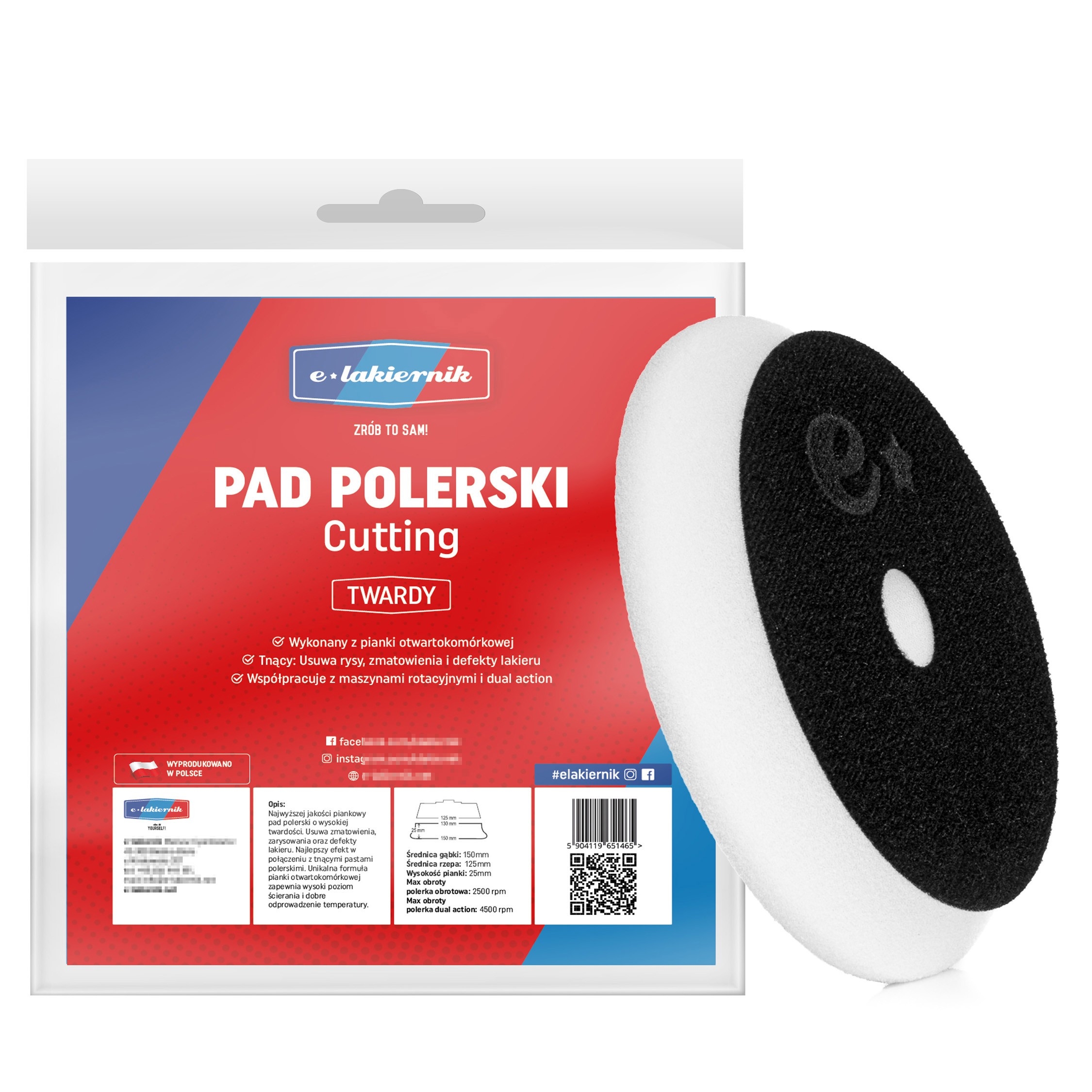 Pad Polerski Twardy Premium 150mm na Rzep 125mm Gąbka Tarcza e-lakiernik