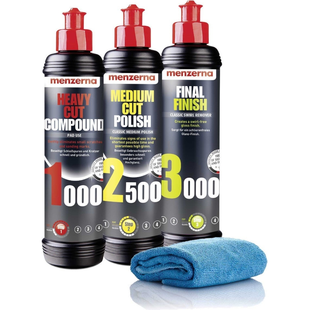 Pasty Polerskie do Lakieru 1000 2500 3000 + Mikrofibra 3x250ml MENZERNA