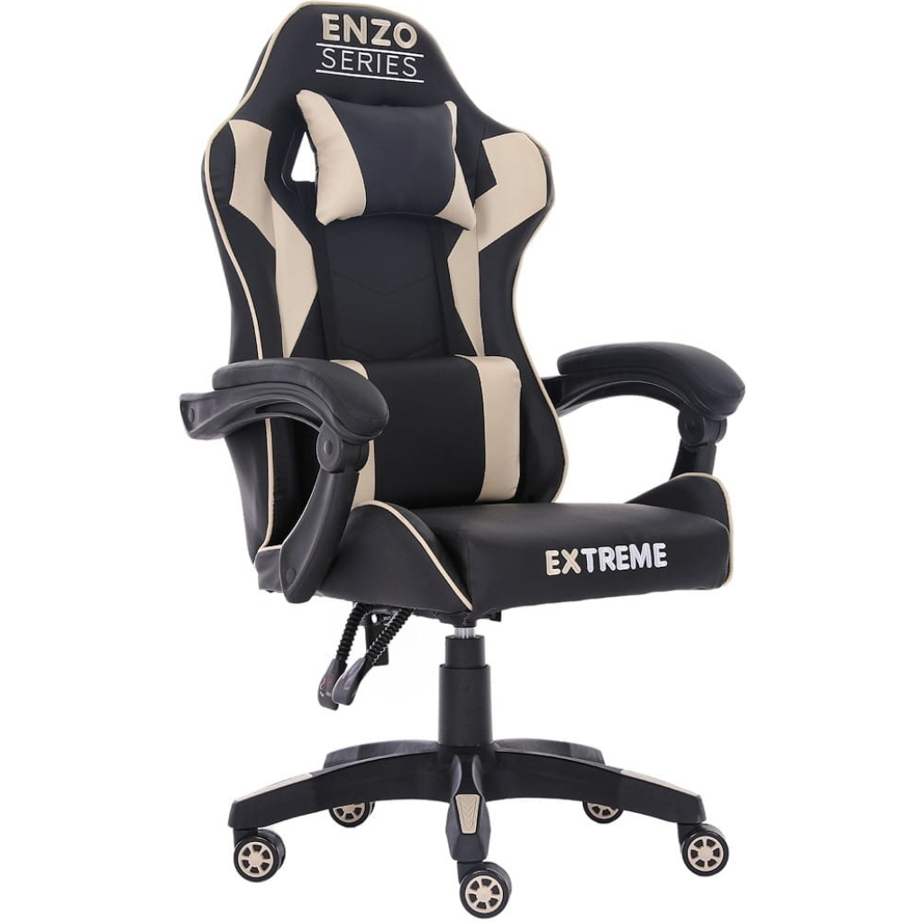 Fotel gamingowy Enzo Beige – ergonomiczny fotel dla graczy, regulacja oparcia i poduszek, skóra ekologiczna