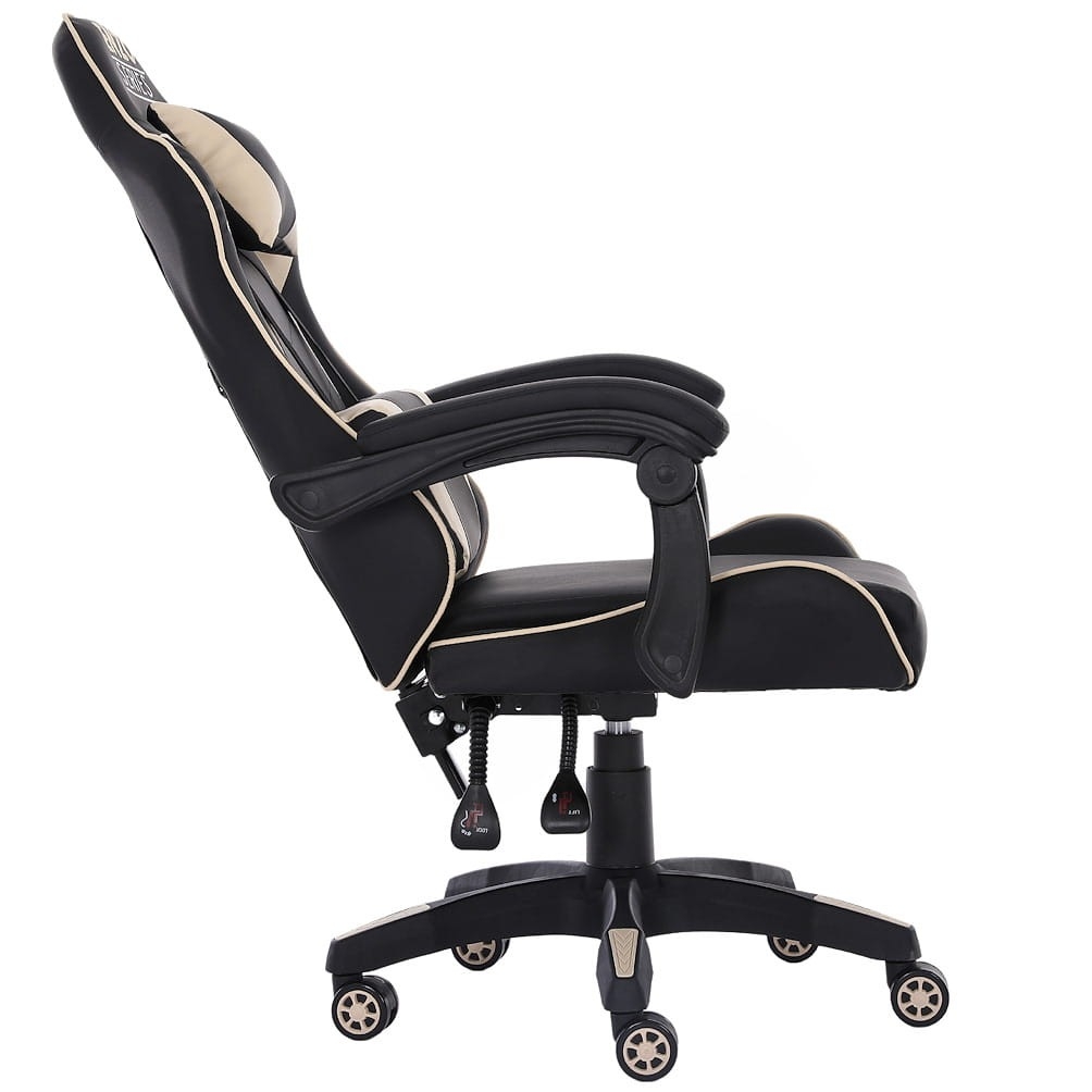 Fotel gamingowy Enzo Beige – ergonomiczny fotel dla graczy, regulacja oparcia i poduszek, skóra ekologiczna
