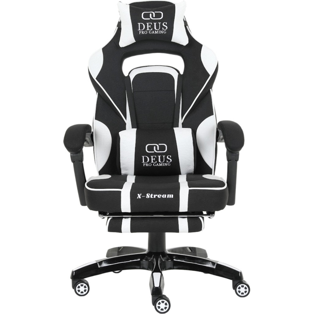 Fotel gamingowy DEUS X-Stream Pro  – ergonomiczny, biało-czarny z tkaniny, wysuwanym podnóżkiem i regulowanymi poduszkami