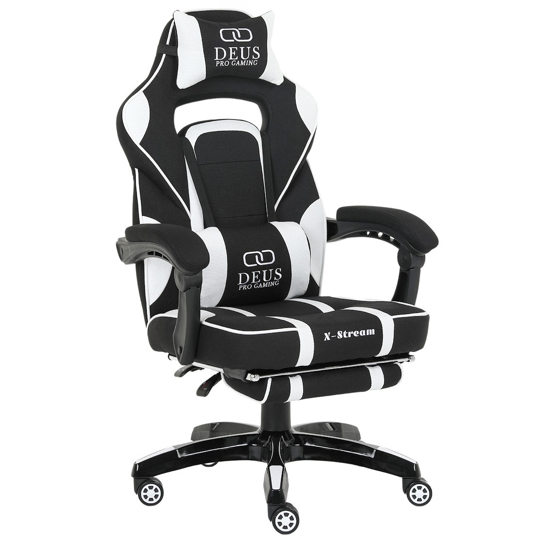 Fotel gamingowy DEUS X-Stream Pro  – ergonomiczny, biało-czarny z tkaniny, wysuwanym podnóżkiem i regulowanymi poduszkami