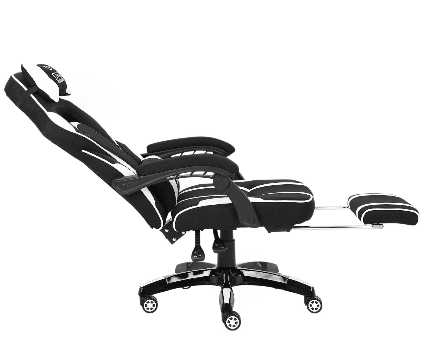 Fotel gamingowy DEUS X-Stream Pro  – ergonomiczny, biało-czarny z tkaniny, wysuwanym podnóżkiem i regulowanymi poduszkami