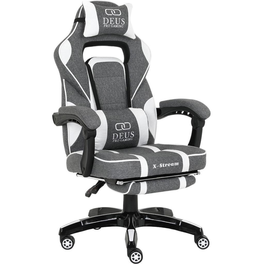 Fotel gamingowy DEUS X-Stream Gray/White — ergonomiczny z wysuwanym podnóżkiem, tkanina, 2 poduszki, kauczukowe kółka, regulowane oparcie