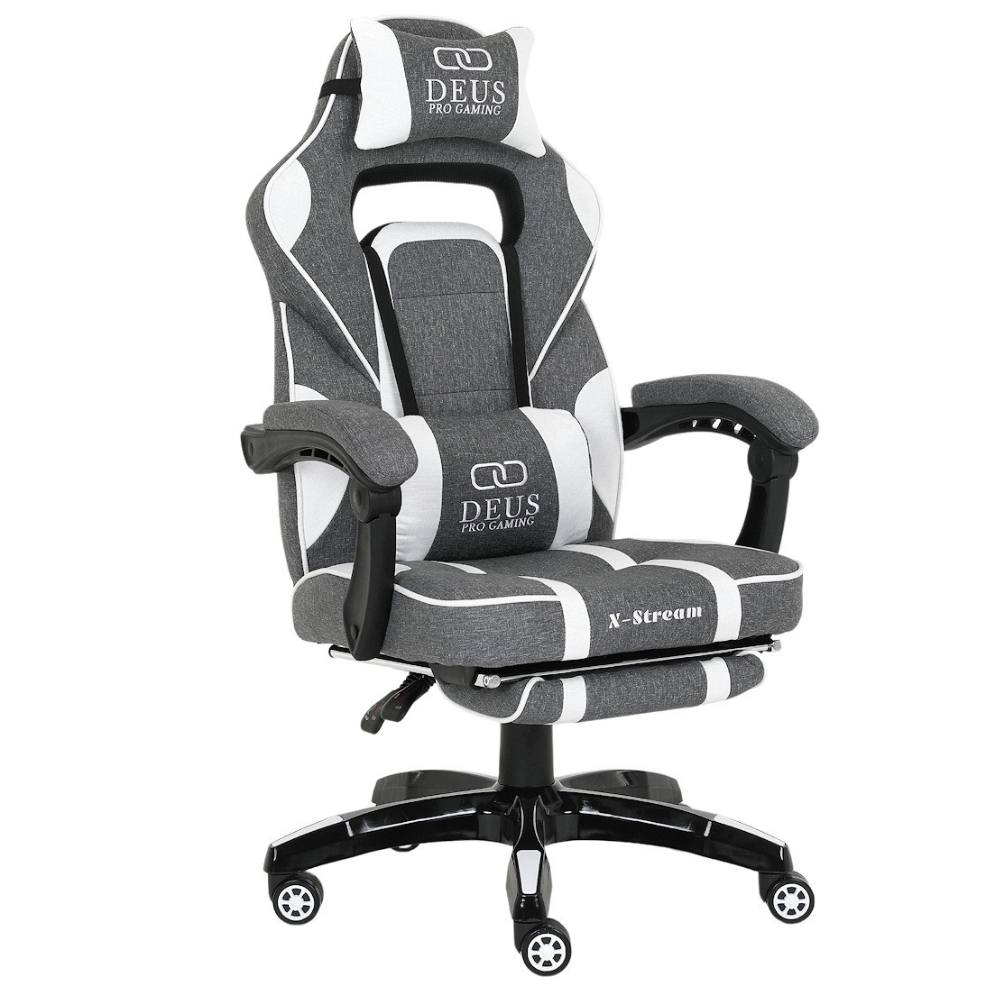 Fotel gamingowy DEUS X-Stream Gray/White — ergonomiczny z wysuwanym podnóżkiem, tkanina, 2 poduszki, kauczukowe kółka, regulowane oparcie