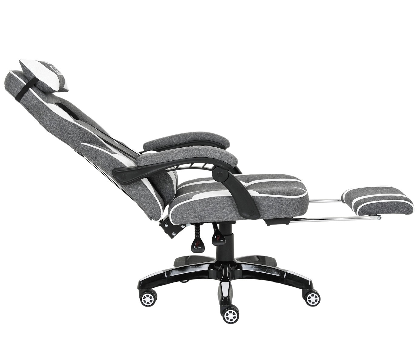 Fotel gamingowy DEUS X-Stream Gray/White — ergonomiczny z wysuwanym podnóżkiem, tkanina, 2 poduszki, kauczukowe kółka, regulowane oparcie
