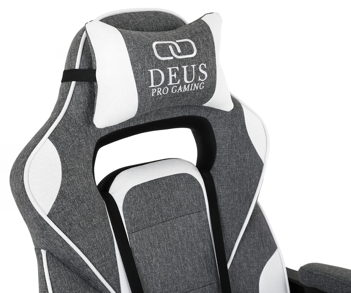 Fotel gamingowy DEUS X-Stream Gray/White — ergonomiczny z wysuwanym podnóżkiem, tkanina, 2 poduszki, kauczukowe kółka, regulowane oparcie