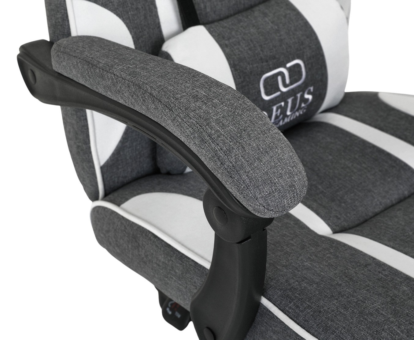 Fotel gamingowy DEUS X-Stream Gray/White — ergonomiczny z wysuwanym podnóżkiem, tkanina, 2 poduszki, kauczukowe kółka, regulowane oparcie