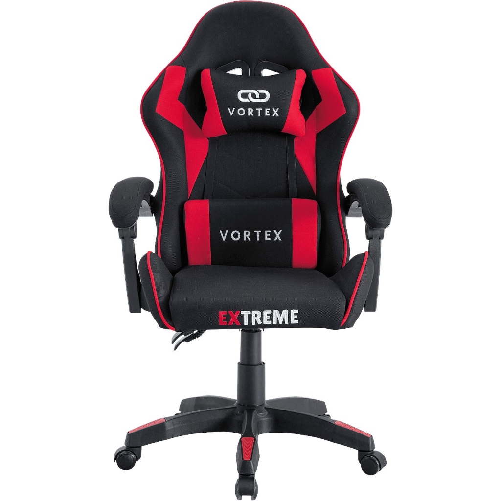 Fotel gamingowy EXTREME Vortex Red – ergonomiczny, tapicerowany fotel dla graczy z regulowanym oparciem i poduszkami, obrotowy 360° (czarno-czerwony)