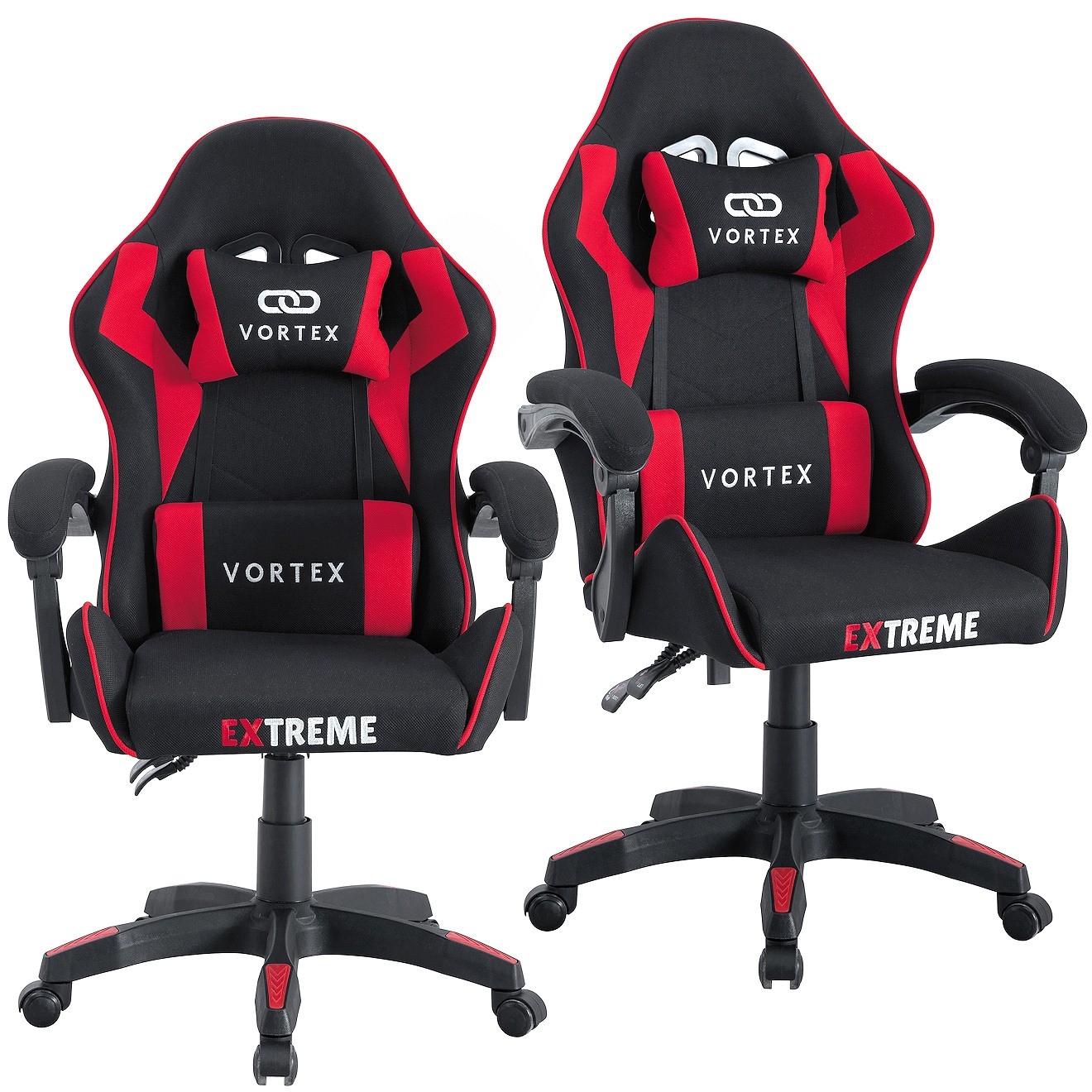 Fotel gamingowy EXTREME Vortex Red – ergonomiczny, tapicerowany fotel dla graczy z regulowanym oparciem i poduszkami, obrotowy 360° (czarno-czerwony)