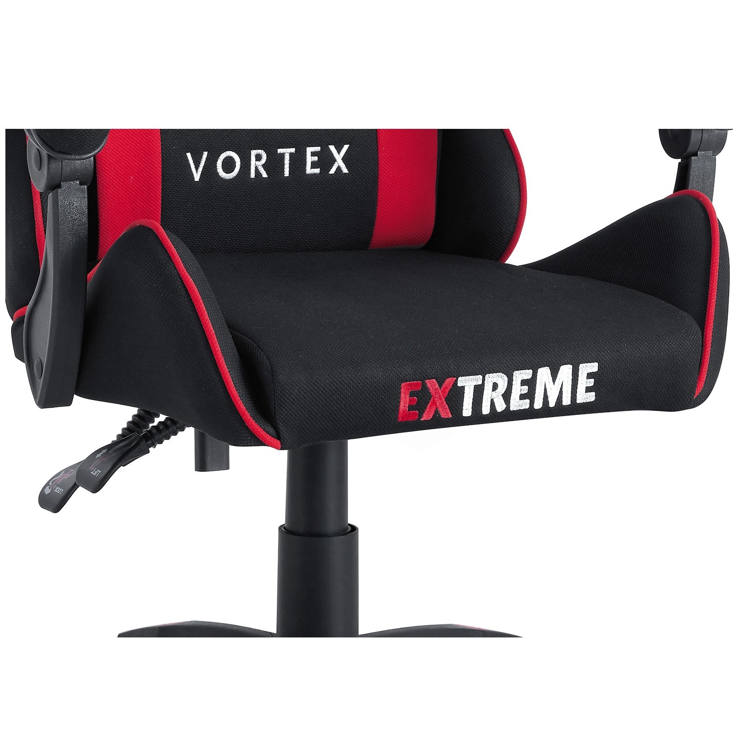 Fotel gamingowy EXTREME Vortex Red – ergonomiczny, tapicerowany fotel dla graczy z regulowanym oparciem i poduszkami, obrotowy 360° (czarno-czerwony)
