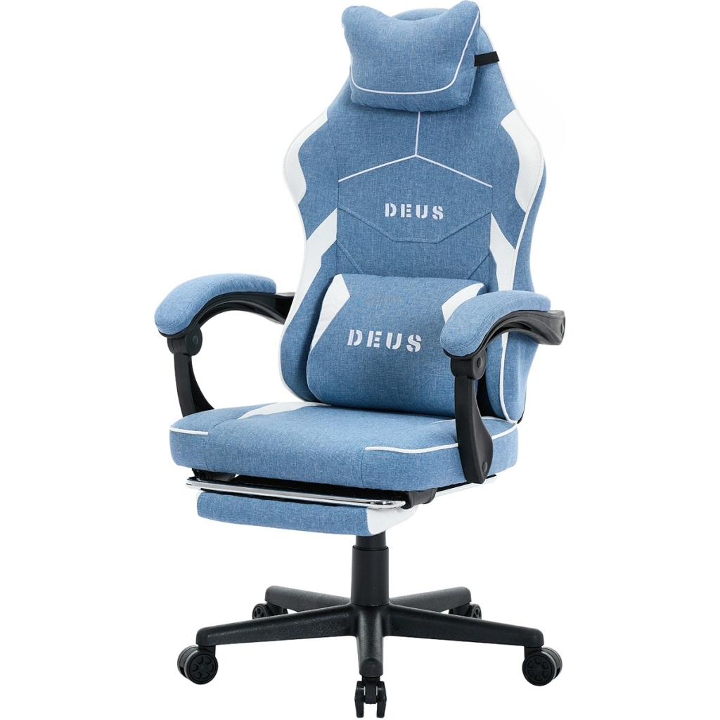 Fotel Gamingowy DEUS EDGE Light Blue Tkanina Podnóżek Regulowany